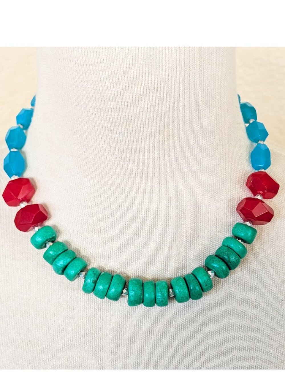 Rustic Teal Blue Moroccan Clay, Red & Sky Blue Agate Nugget Statement Necklace